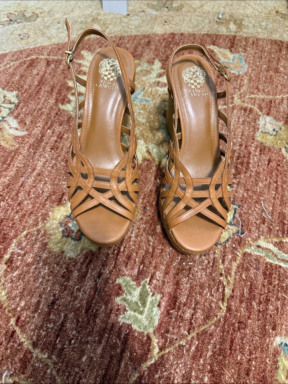 Vince Camuto Cognac Brown Leather Strappy Wedge Sandals